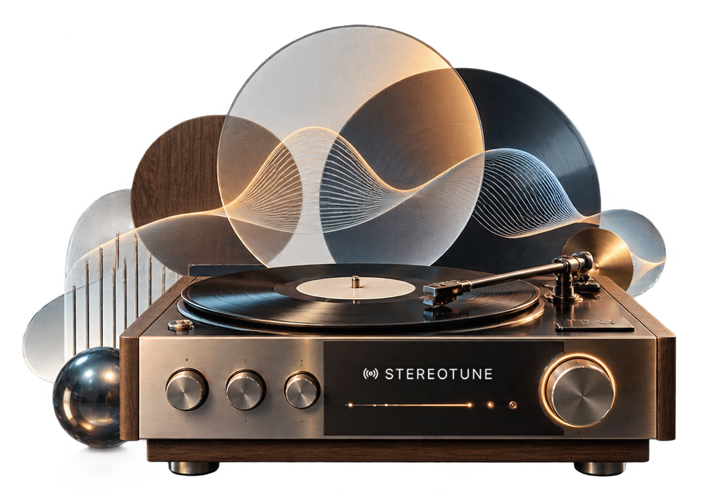 A Stereotune turntable surrounded by records and flowing sound waves